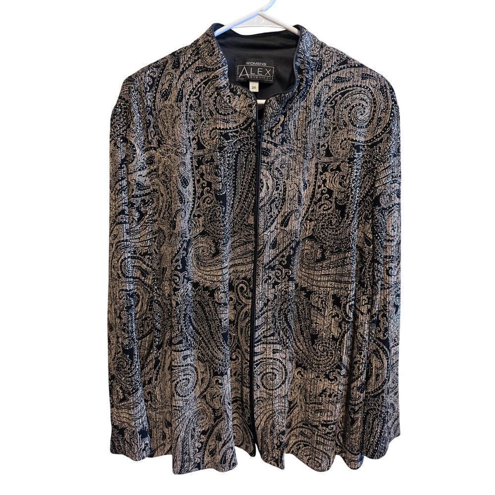 Alex Evenings Women’s Dressy Jacket Zipper Paisley Glitter Black Tan Plus Sz 3X